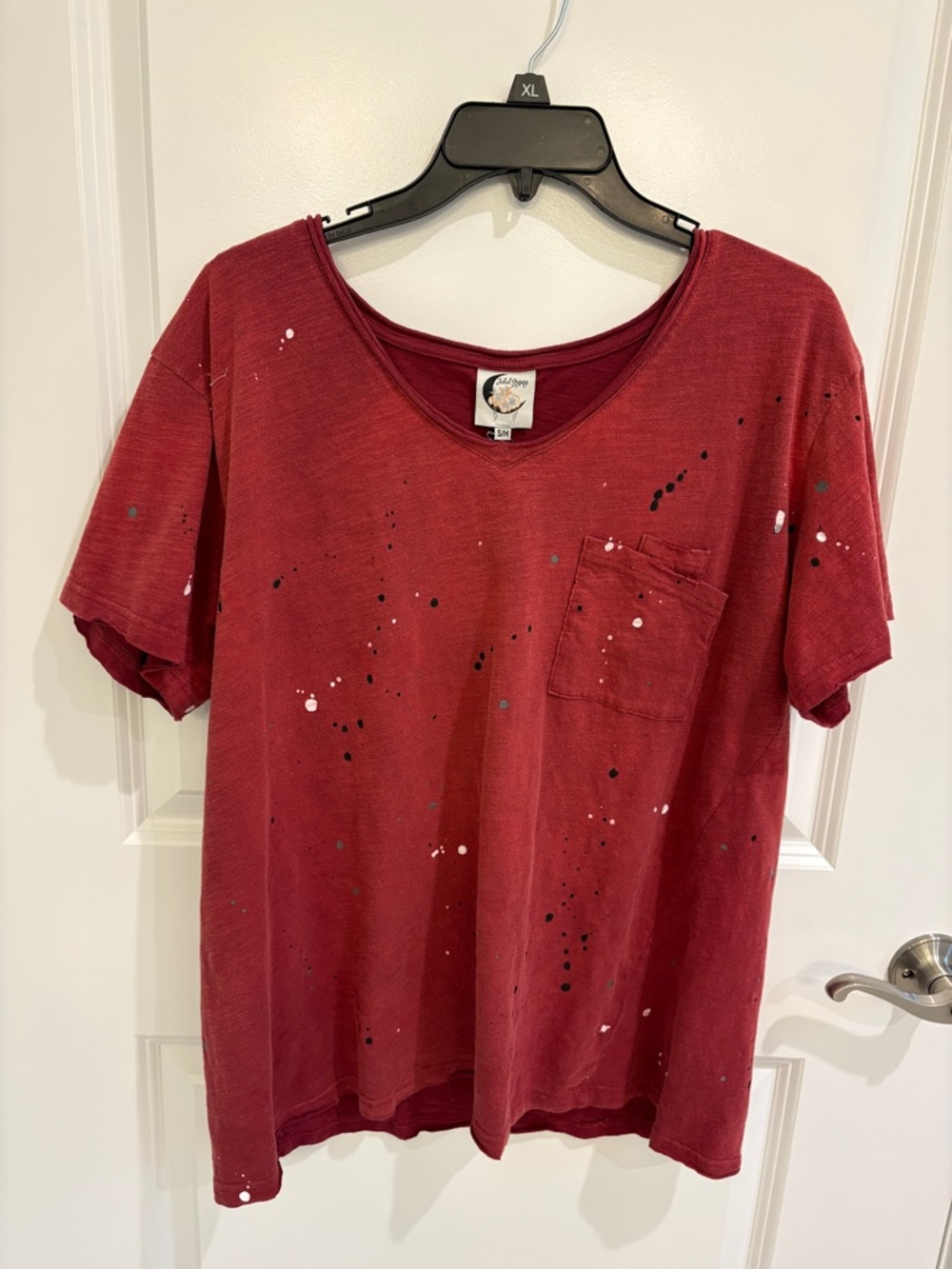 Jaded Gypsy V-Neck Wine Splatter Moon Dance Pocket Tee